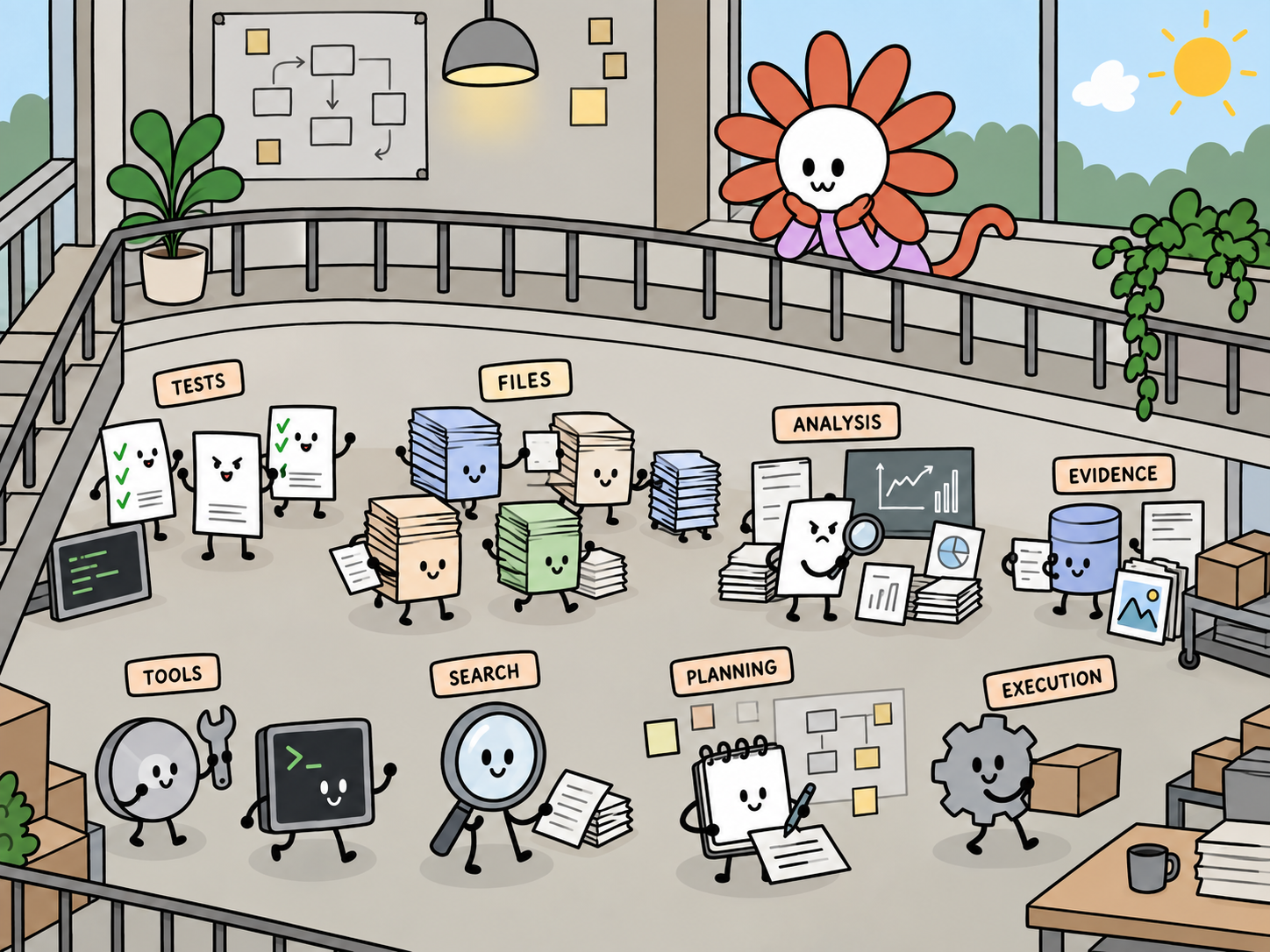 A bright doodle-style atrium populated by animated tests, files, tools, search, planning, analysis, evidence, and execution characters, with a flower-like figure observing from above.