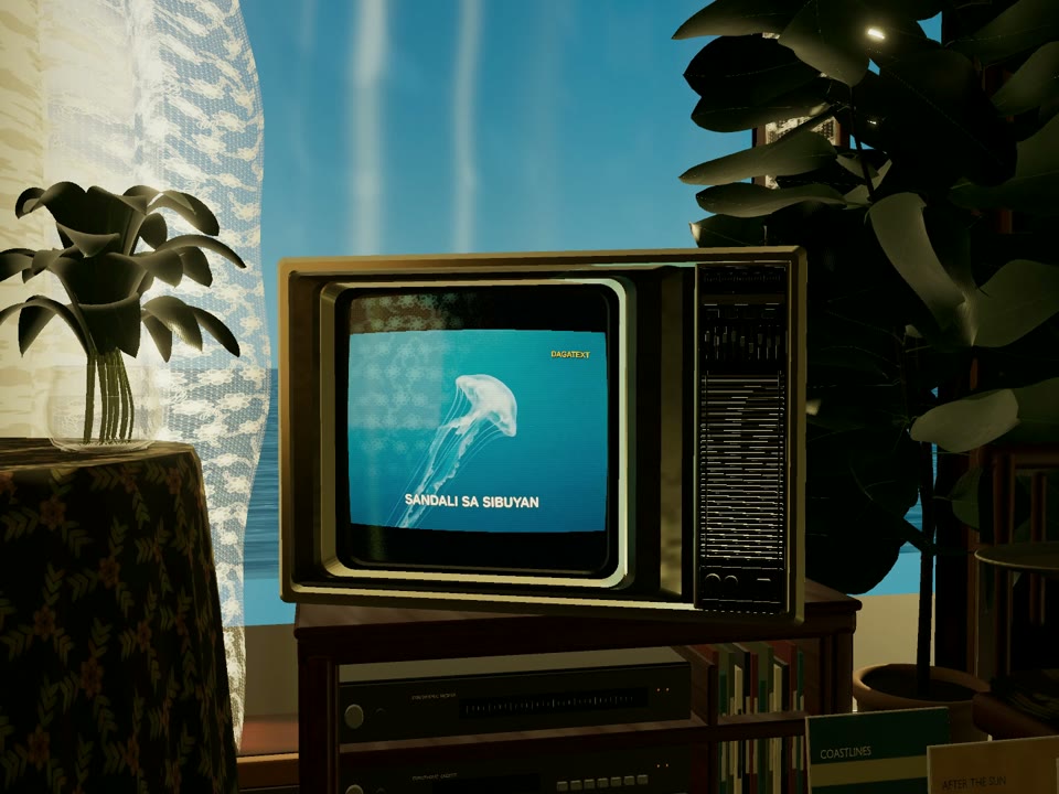 A blue television world in a dark room